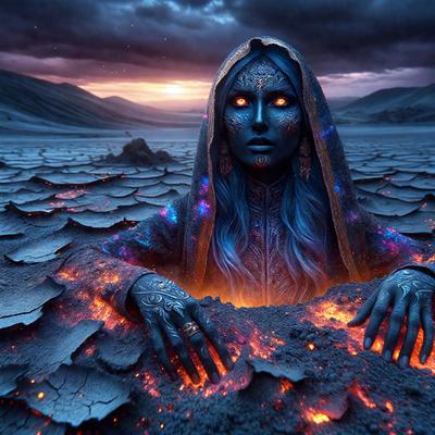 The primary subject of the image is a woman with blue hair, wearing a blue and gold dress, and standing in a field of fire. The setting is a barren landscape with a mountain in the background. The visual style is a digital art or illustration, creating a dramatic and surreal atmosphere. The colors are predominantly blue and gold, with the fire adding a contrasting element of warmth and intensity to the scene.